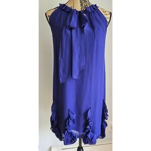 Rebecca Taylor Blue 100% Silk Dress. Ruffles, Bow, Sleeveless, Sexy Dress, Sz 4